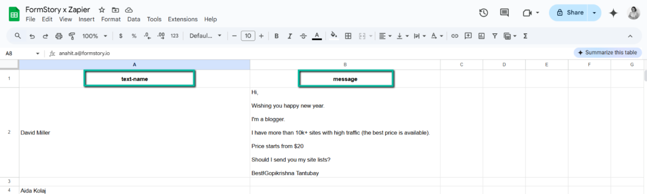 data from FormStory to Zapier