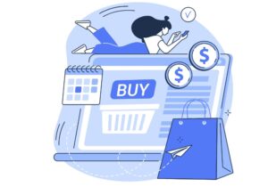 Illustration of online shopping with a woman using a smartphone, a large buy button on a screen, shopping bag, calendar, and dollar coins