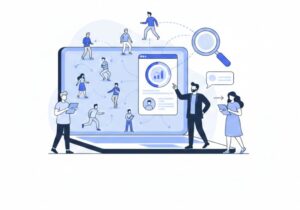 Illustration of website analytics dashboard with users and magnifying glass