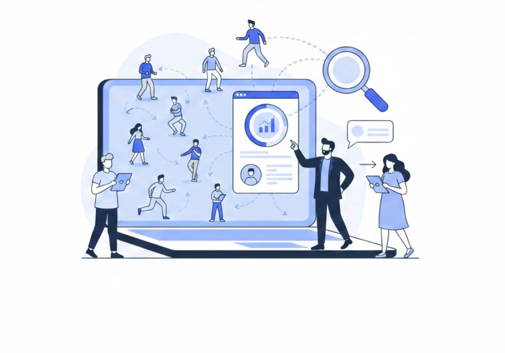 Illustration of website analytics dashboard with users and magnifying glass